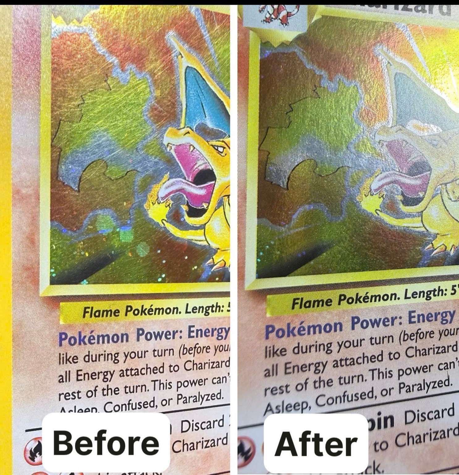 Charizard · superficie olografica · PRIMA / DOPO